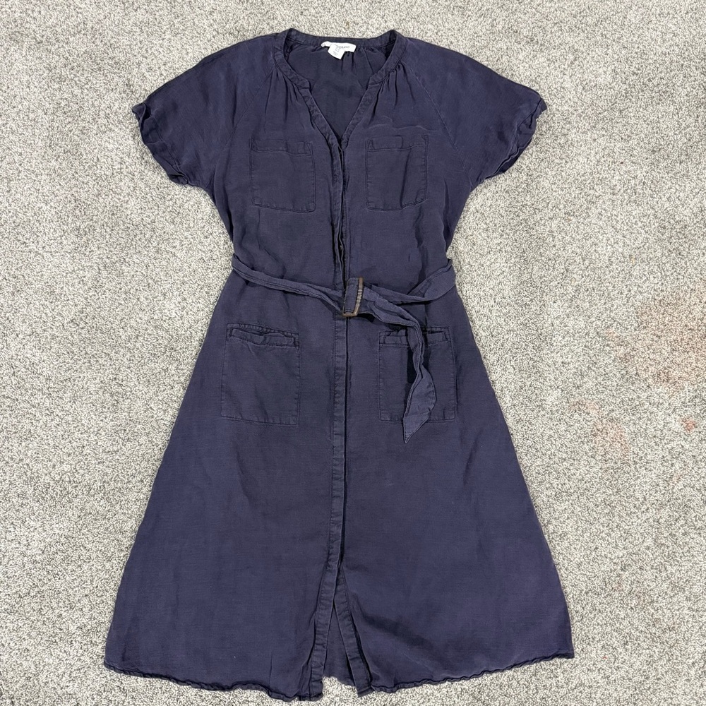 Lucky Brand Vintage Look Midi Navy Purple Shirt Dress Belted Buttoned Women’s M